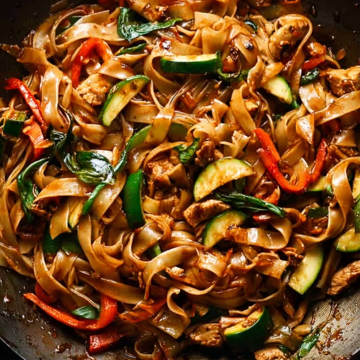Overhead close-up of Thai drunken noodles cooking in a wok with glossy rice noodles, sliced zucchini, red bell peppers, chicken pieces, and Thai basil in a dark savory sauce.
