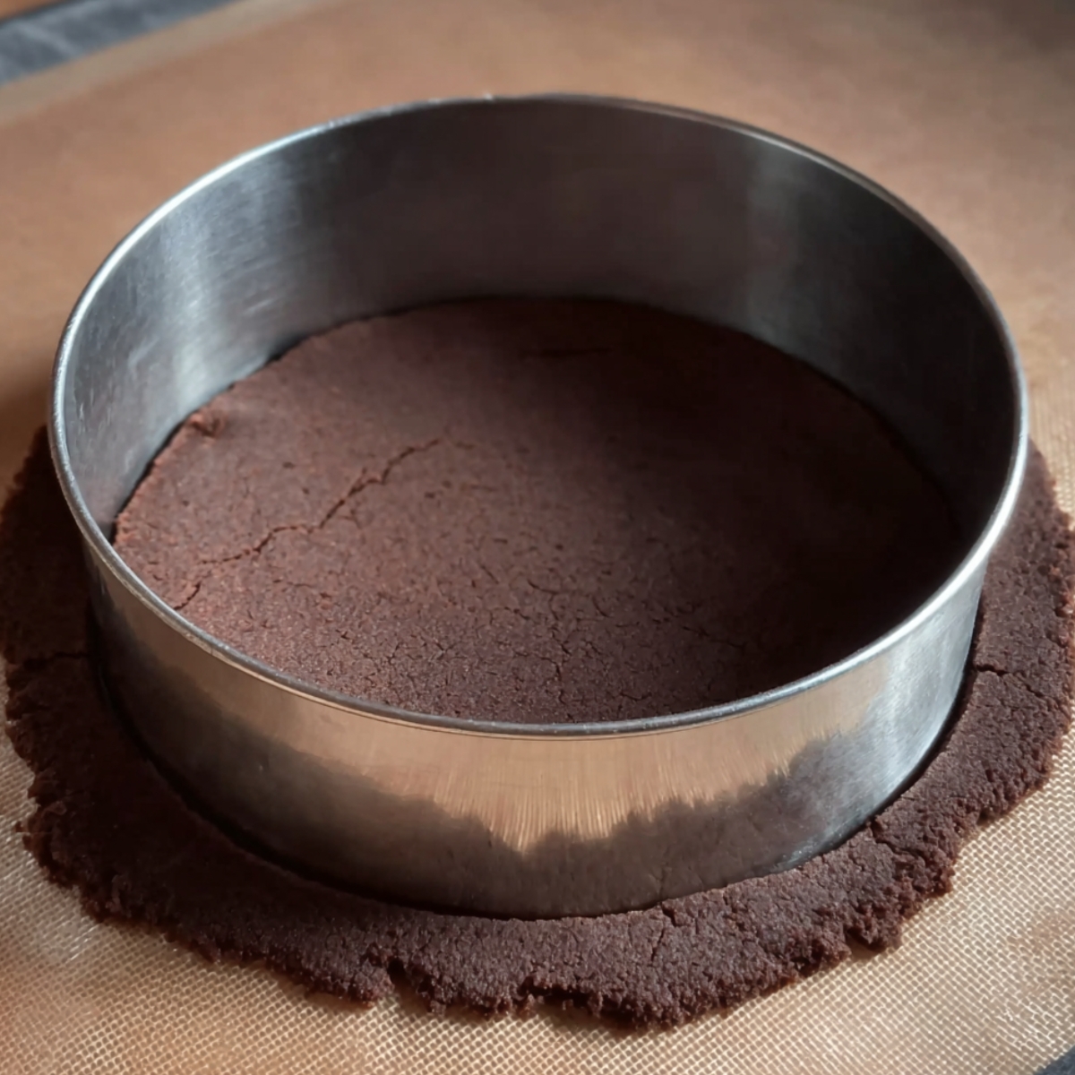 A stainless steel cake ring placed on rolled dark chocolate dough on a silicone baking mat, with excess dough extending beyond the circular mold.
