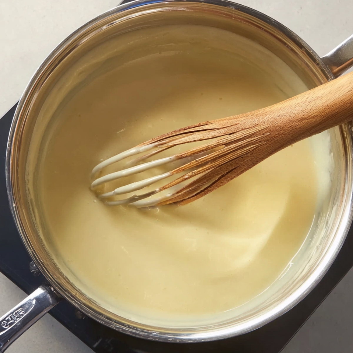 A saucepan filled with smooth pale yellow custard being stirred with a whisk, while a wooden spoon coated in the creamy mixture rests across the pot.