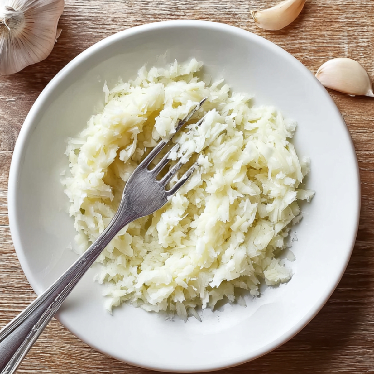 Overhead view of mashed garlic in a white ceramic bowl with a fork resting inside, placed on a wooden table beside a whole garlic bulb.