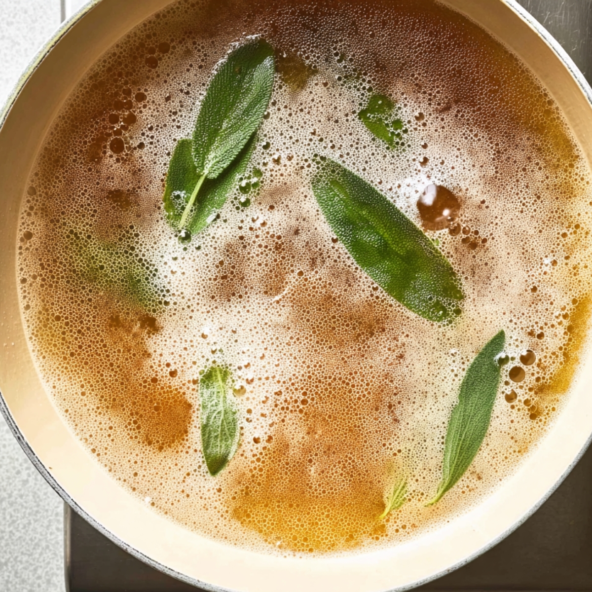 Top-down view of golden garlic broth simmering in a light-colored pot with foam on the surface and fresh sage leaves floating.