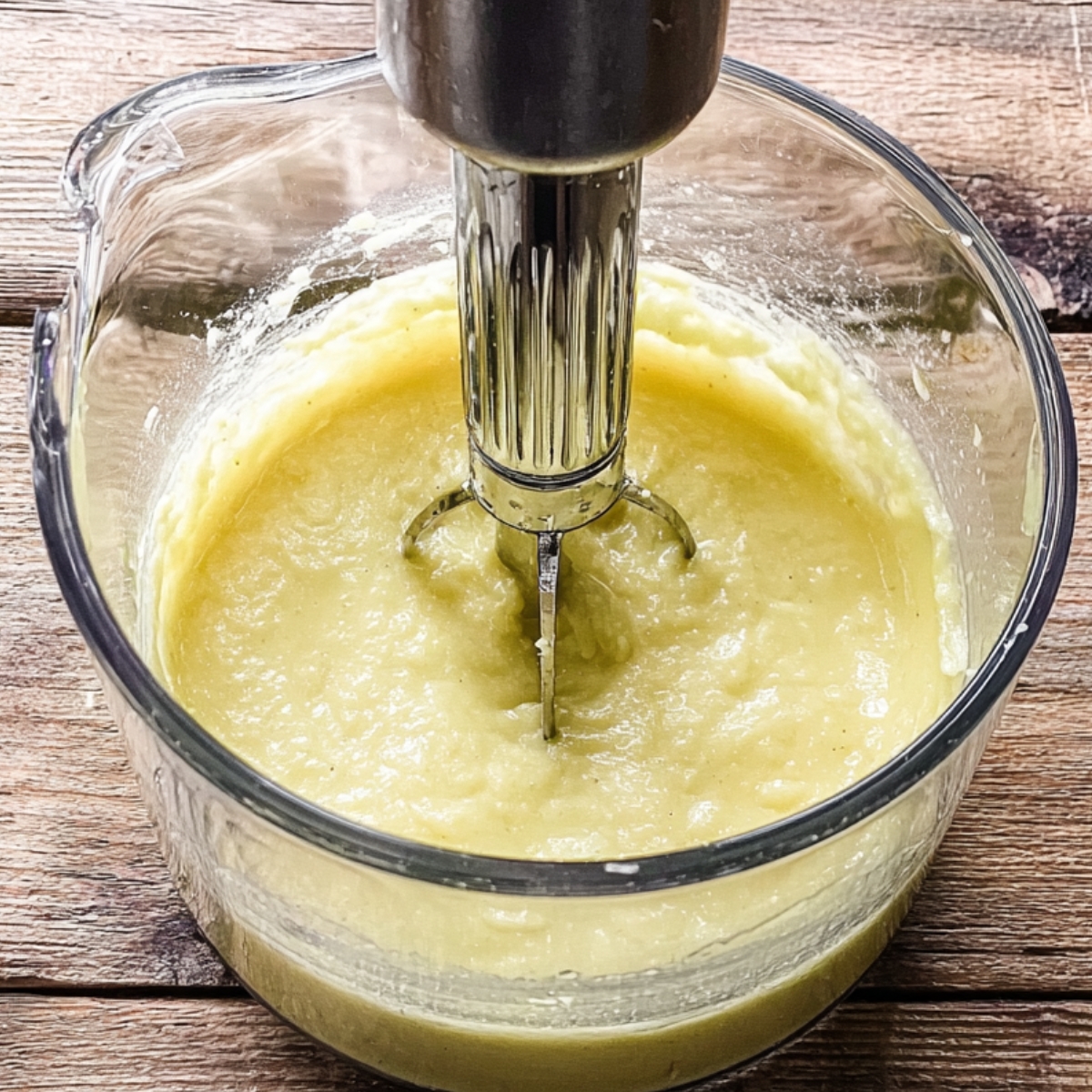 A glass blending container filled with pale yellow garlic purée as an immersion blender emulsifies the mixture on a rustic wooden surface.