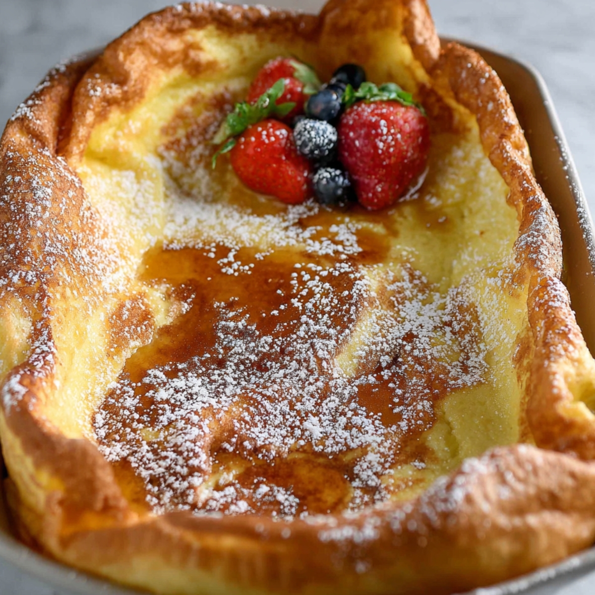 A golden-brown German pancake topped with powdered sugar and a cluster of fresh strawberries, blueberries, and mint leaves in the center."