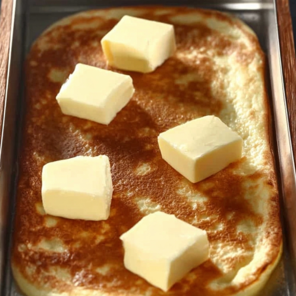A German pancake freshly baked in a pan, with cubes of butter placed on top as they begin to melt into the pancake."