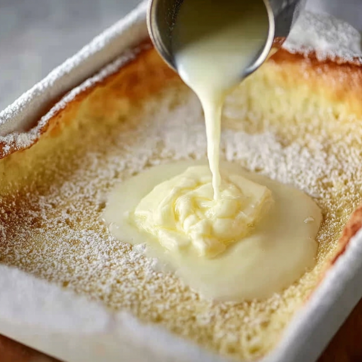 Warm butter and syrup being poured onto a freshly baked German pancake, dusted with powdered sugar."