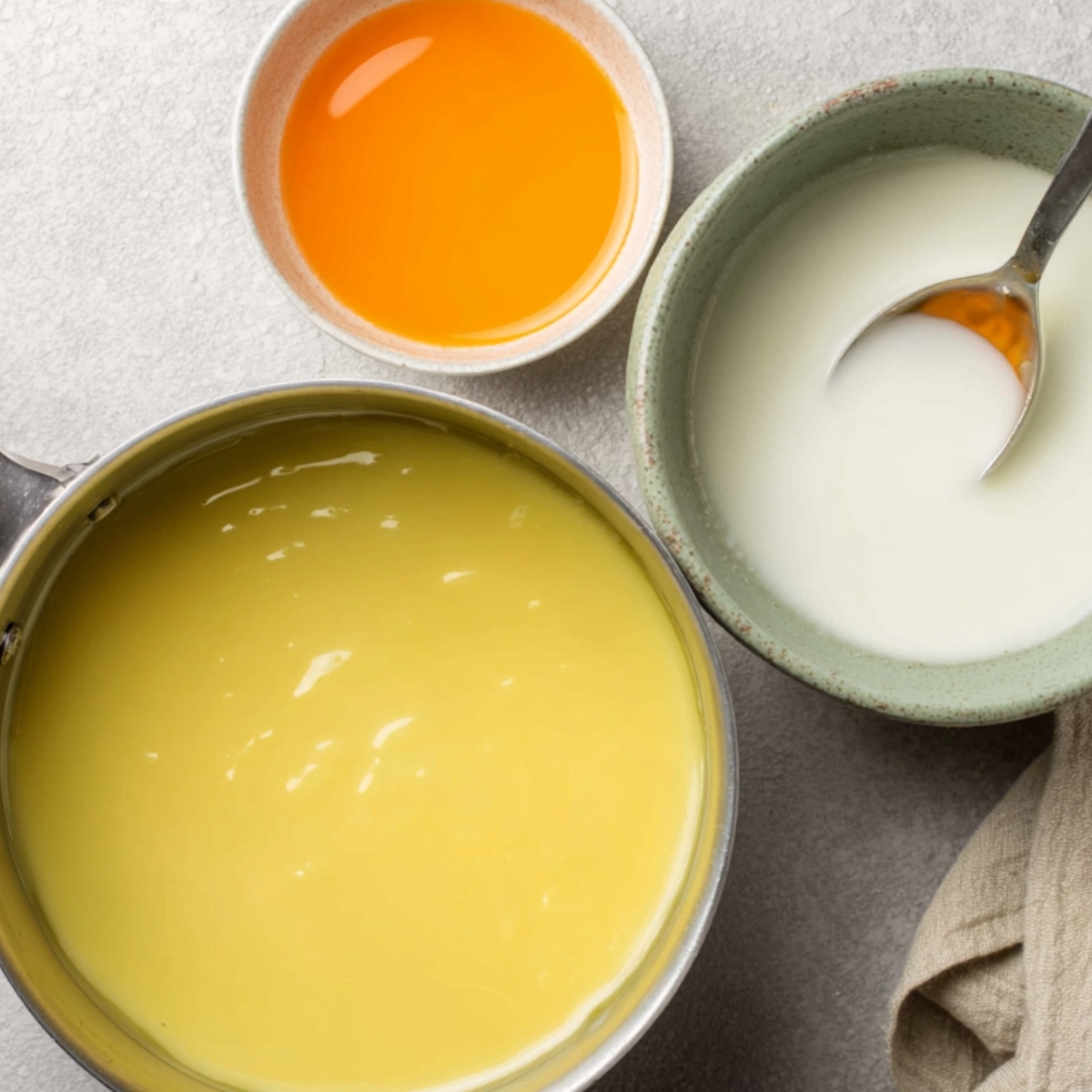The image showcases a cooking scene with a smooth, yellow lemon mixture in a saucepan, indicating it’s in the process of being made for a dessert, possibly a lemon cream pie or tart. Beside the pan, there are two small bowls: one with a rich, golden-orange liquid, likely lemon juice or another ingredient, and the other with a milky-white liquid. A spoon is seen stirring the creamy liquid, ready to be combined with the rest of the ingredients. The neutral background and the kitchen towel add a cozy touch to the scene, making it feel warm and inviting.