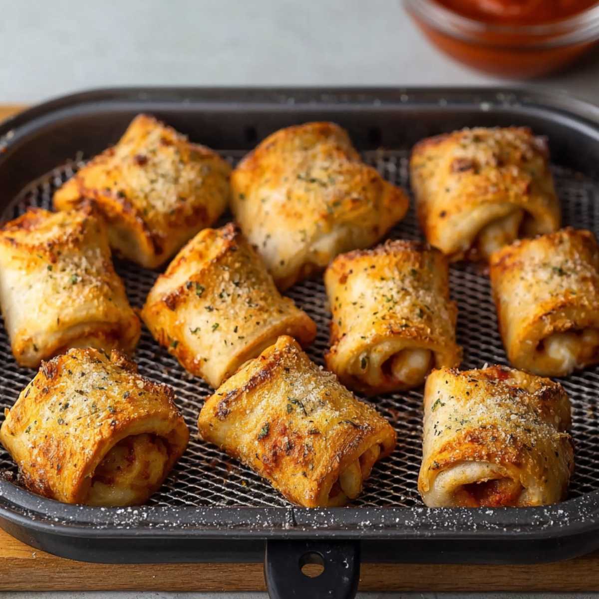 Perfectly crisp and golden! These Parmesan Garlic Pizza Rolls are air-fried to perfection with a delicious cheesy center and crispy exterior. Topped with Parmesan and herbs, they make the ultimate savory snack. Serve with marinara for the perfect dip