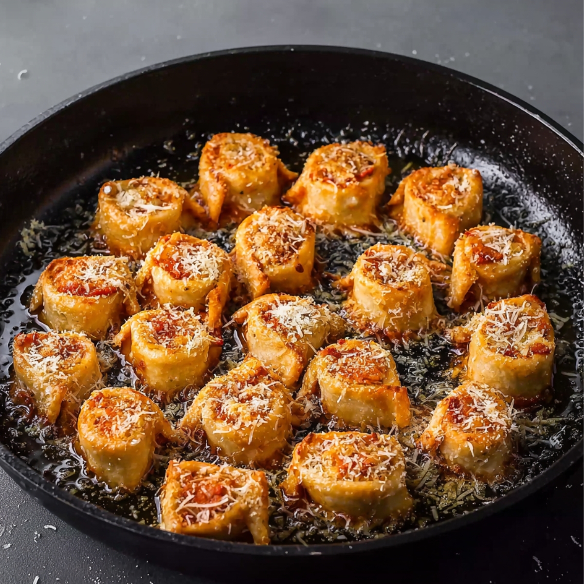 Fried to crispy perfection! These Parmesan Garlic Pizza Rolls are golden and crunchy on the outside, with a cheesy, savory filling on the inside. Topped with a sprinkle of Parmesan, they’re the ultimate snack. Serve with your favorite marinara for dipping