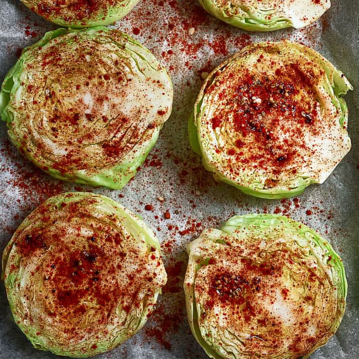 Overhead view of cabbage steaks seasoned with paprika and spices on a baking tray before roasting”