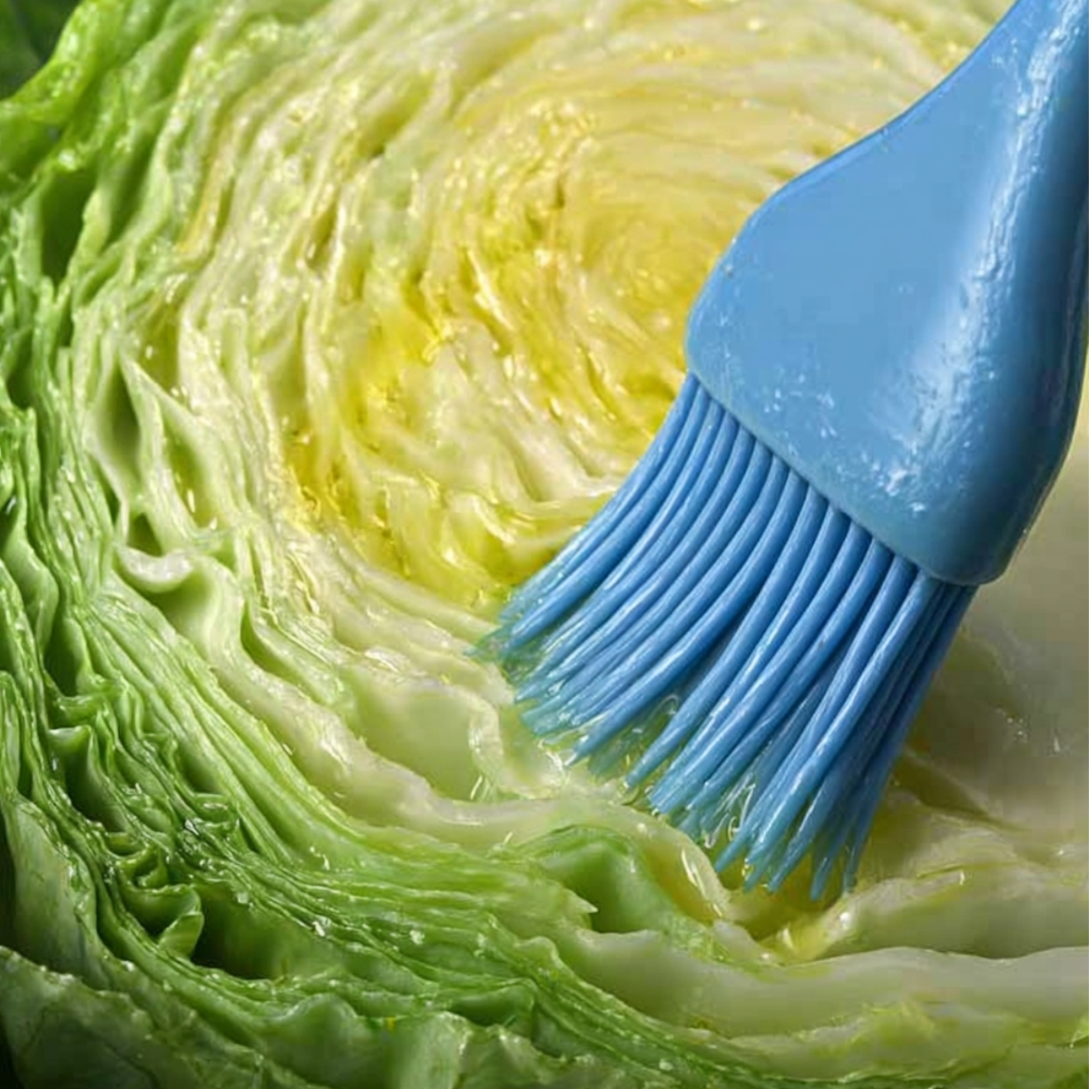 Close-up of green cabbage steak being brushed with olive oil using a blue silicone pastry brush”