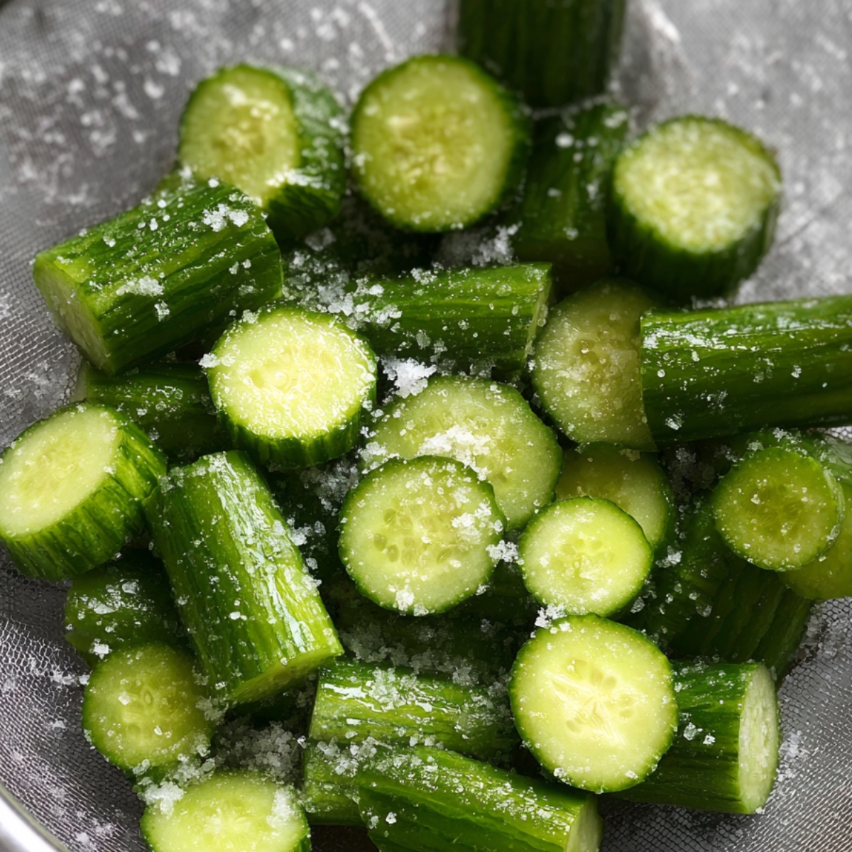 Close-up of thick cucumber chunks sprinkled with coarse salt resting in a metal colander during the salting process.