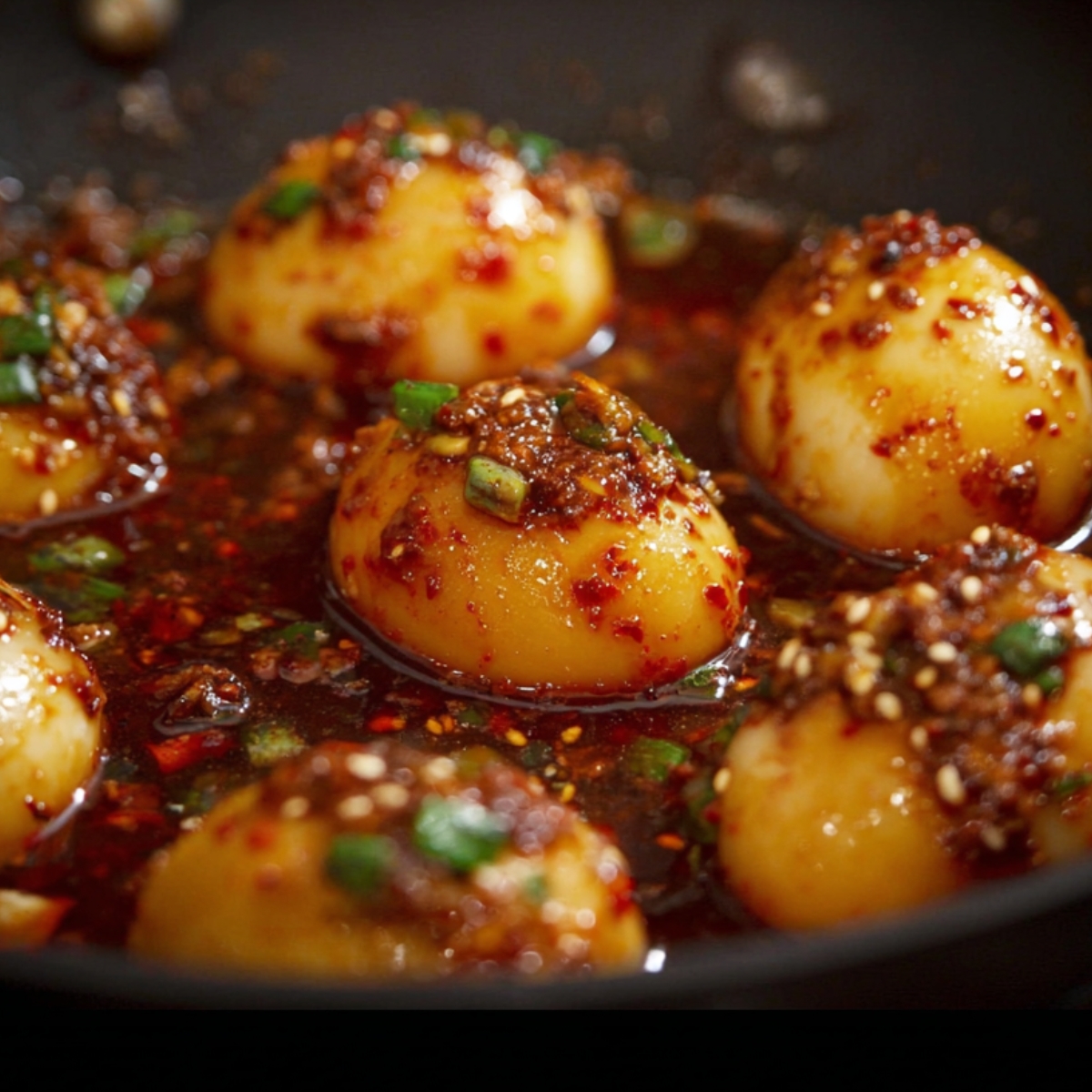 Whole boiled eggs simmering in a glossy gochujang garlic sauce with sesame seeds and green onions in a black skillet.
