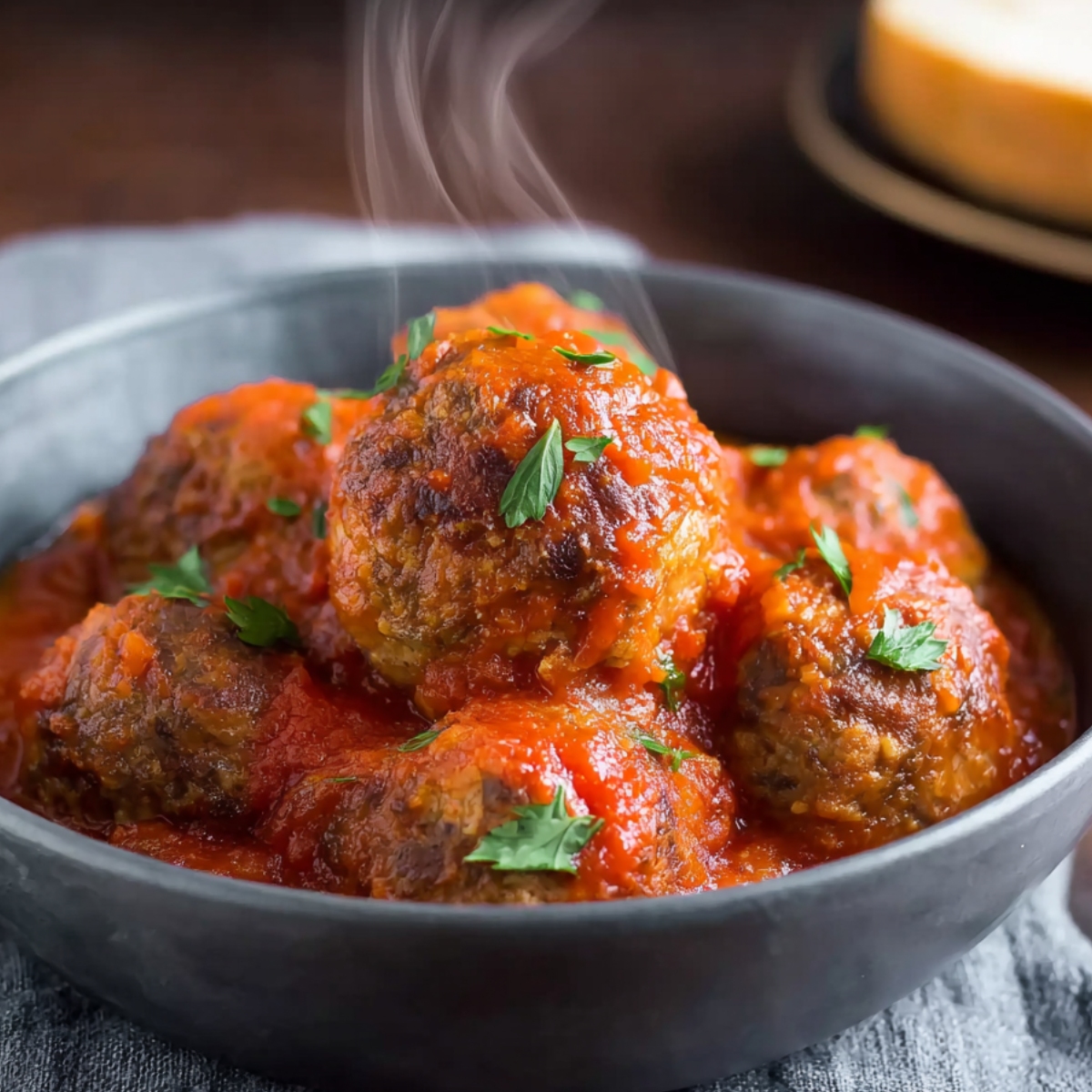 American Meatballs A bowl of perfectly cooked meatballs drenched in rich marinara sauce, garnished with a sprinkle of fresh parsley. These meatballs are the epitome of comfort food, offering a tender and juicy bite with every forkful. The steaming sauce and herbs add a delightful touch to this classic Italian-American dish.