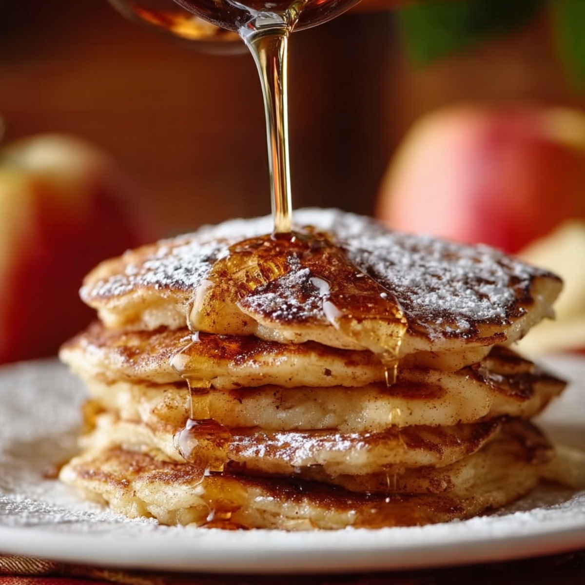 Apple Cinnamon Yogurt Pancakes Apple cinnamon pancakes stacked on a plate as warm maple syrup is poured over the top, dusted with powdered sugar.