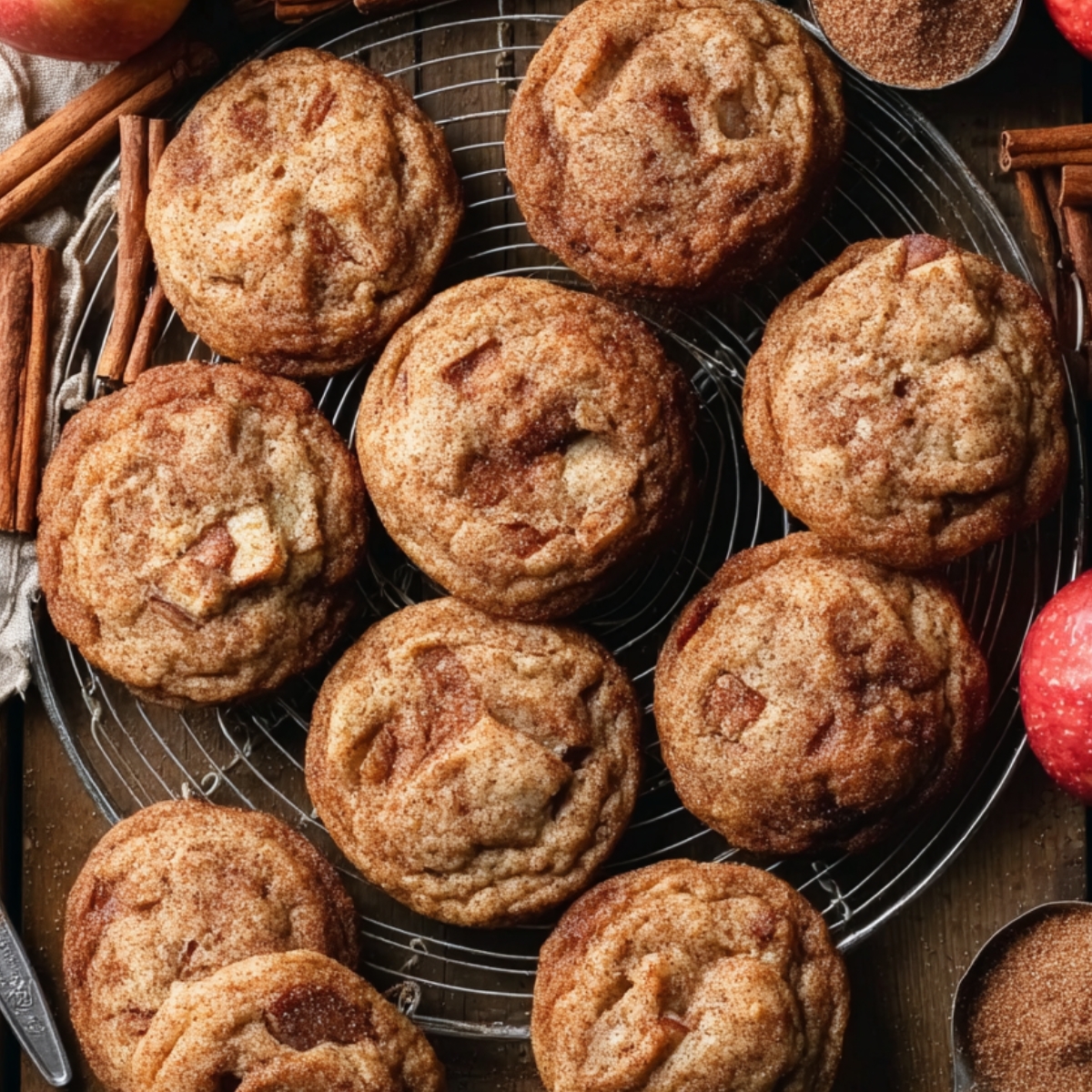 Apple Snickerdoodles Freshly baked apple snickerdoodle cookies cooling on a wire rack, surrounded by cinnamon sticks and apples on a wooden table.