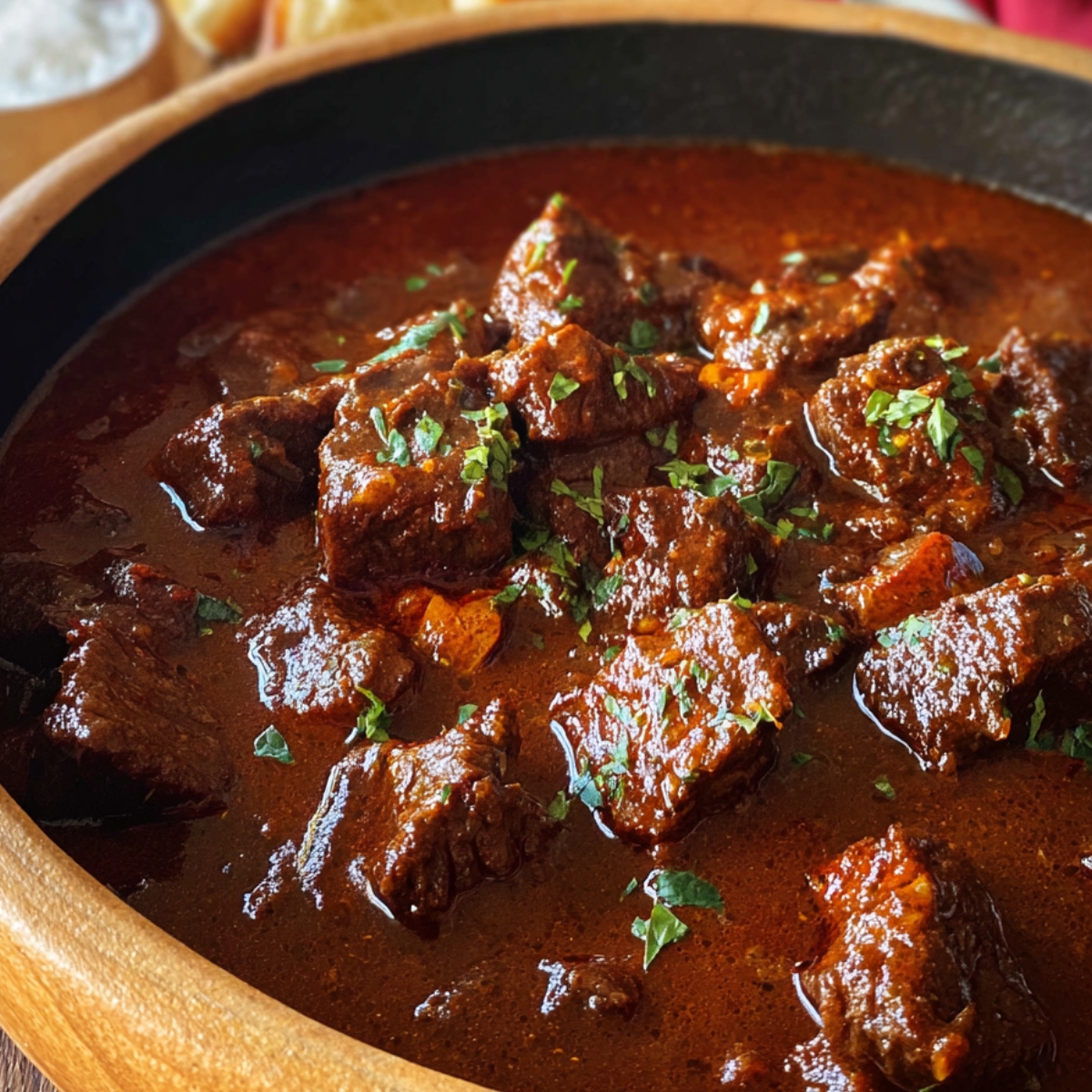 Authentic German Goulash A rich, savory beef stew with tender chunks of beef simmered in a thick, flavorful sauce. The dish is garnished with fresh herbs for added flavor.
