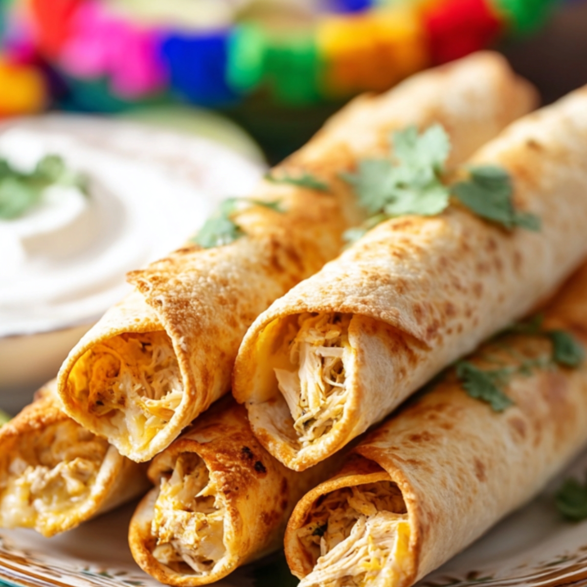 Baked Creamy Chicken Taquitos A vibrant, mouthwatering image of golden crispy homemade taquitos filled with chicken, served with a side of sour cream and garnished with fresh cilantro, with a festive background.