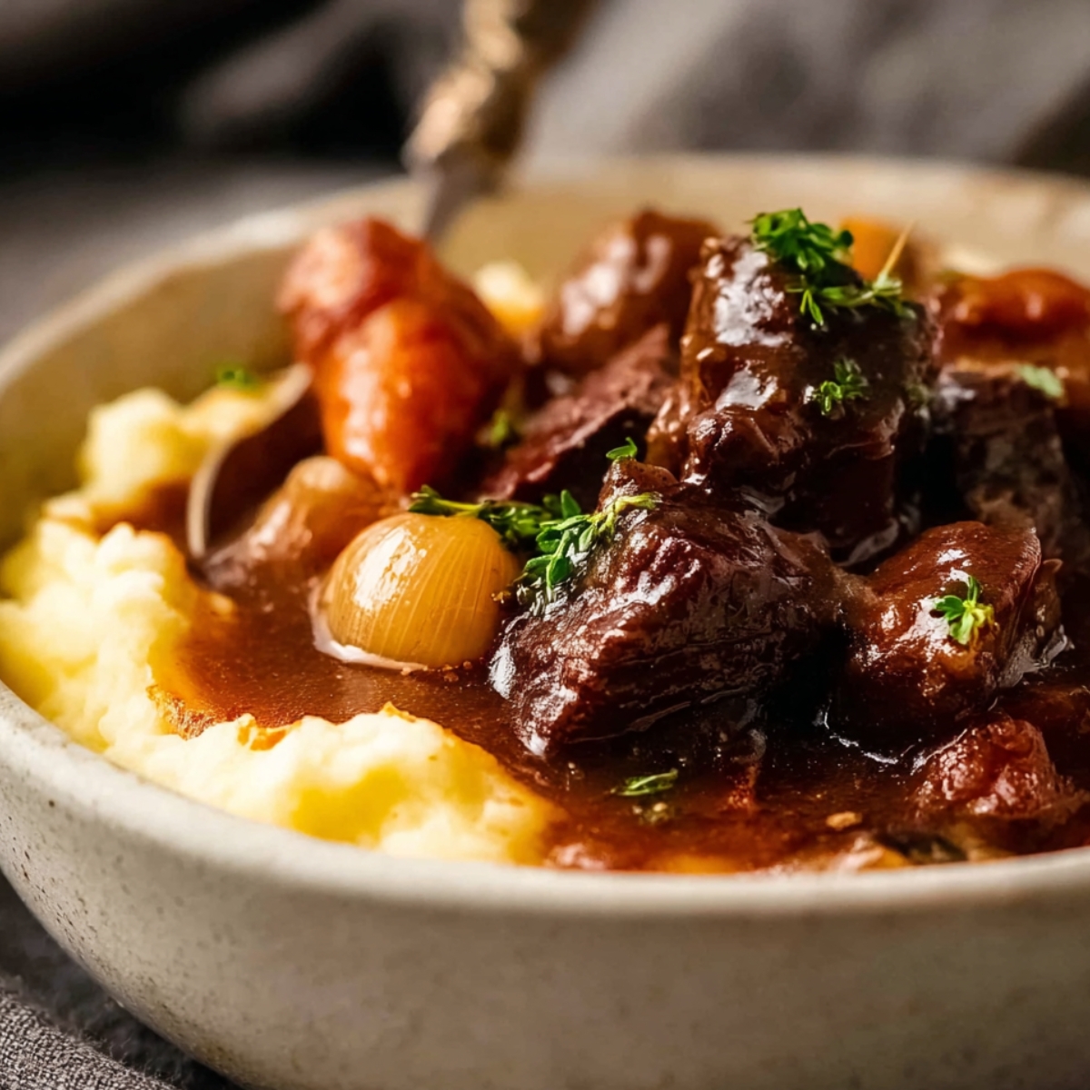 Beef bourguignon served over creamy mashed potatoes, topped with tender beef chunks, pearl onions, carrots, and rich red wine gravy in a rustic bowl.