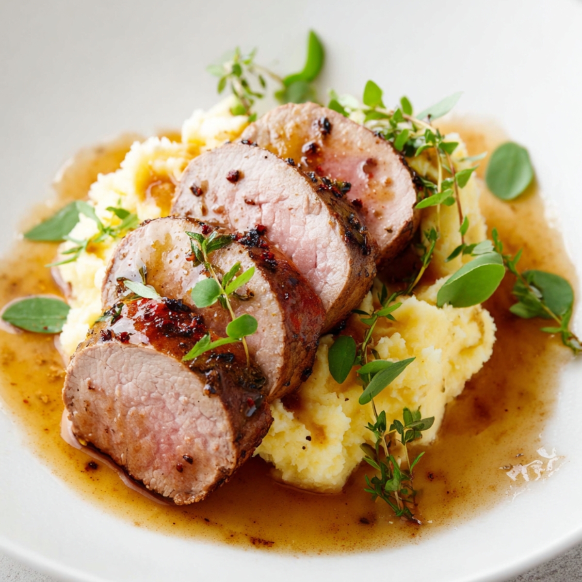 Best Juicy Pork Tenderloin Sliced pork tenderloin with a juicy pink center served over creamy mashed potatoes, finished with pan sauce and fresh herbs on a white plate.