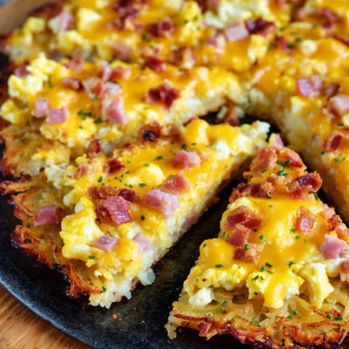 Breakfast Pizza with Hash Brown Crust Sliced breakfast pizza with a crispy hash brown potato crust, topped with melted cheddar cheese, scrambled eggs, diced ham, and bacon on a dark pan.