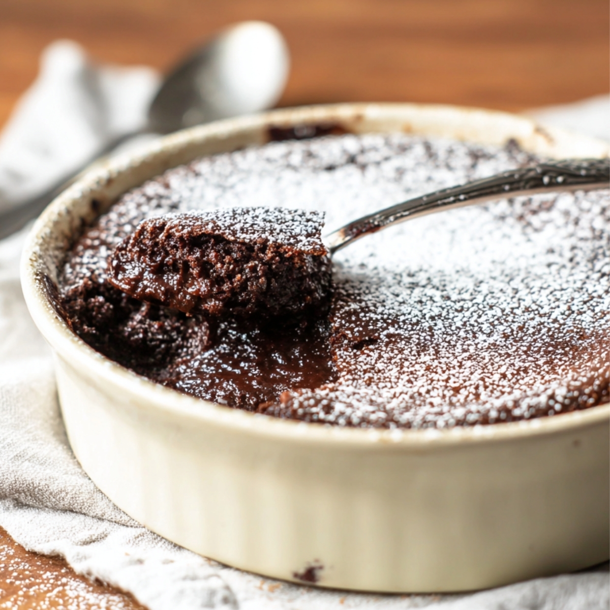 Brownie Pudding Spoon lifting a fudgy piece of chocolate brownie pudding from a ceramic dish, showing a moist, molten interior topped with powdered sugar.