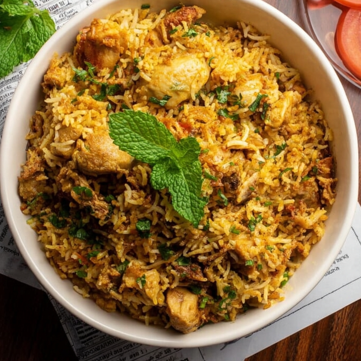 Chicken Biryani A bowl of homemade chicken biryani with long-grain basmati rice, tender chicken pieces, and spices, garnished with fresh mint leaves, served on a wooden table.