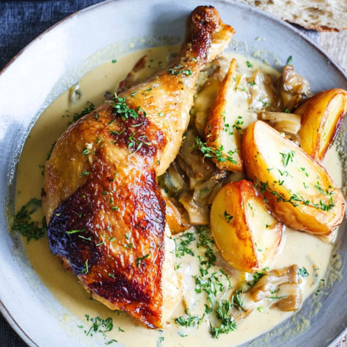 Chicken Normandy A beautifully plated Chicken Normandy with creamy sauce, seared chicken, caramelized onions, and roasted apples. A comforting meal for any occasion.
