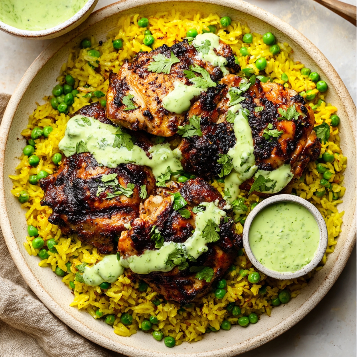Chicken and Rice with Green Sauce Grilled Peruvian-style chicken thighs served over yellow rice with peas, drizzled with creamy green sauce and garnished with fresh cilantro.