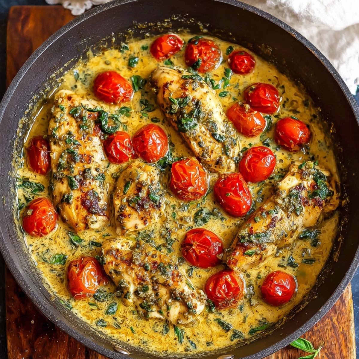 Creamy Pesto Chicken Rich and creamy pesto chicken with juicy tomatoes and fresh basil – a simple yet flavorful dinner idea