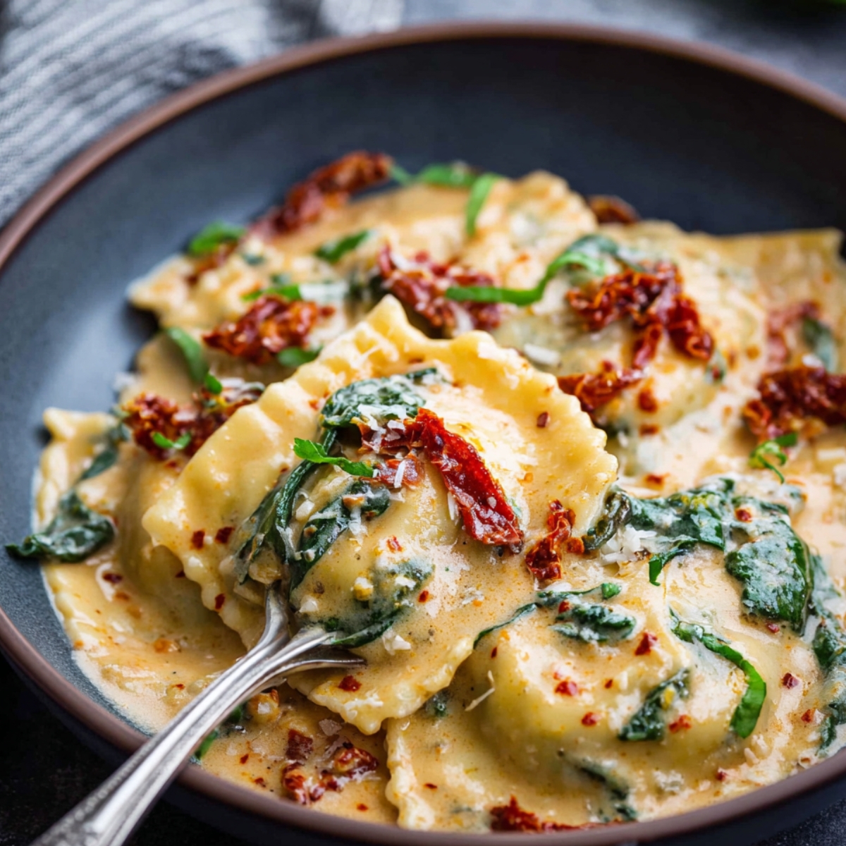 Creamy Tuscan Ravioli Creamy Tuscan ravioli served in a bowl, coated in a rich garlic cream sauce with spinach, sun-dried tomatoes, and red pepper flakes, garnished with herbs.