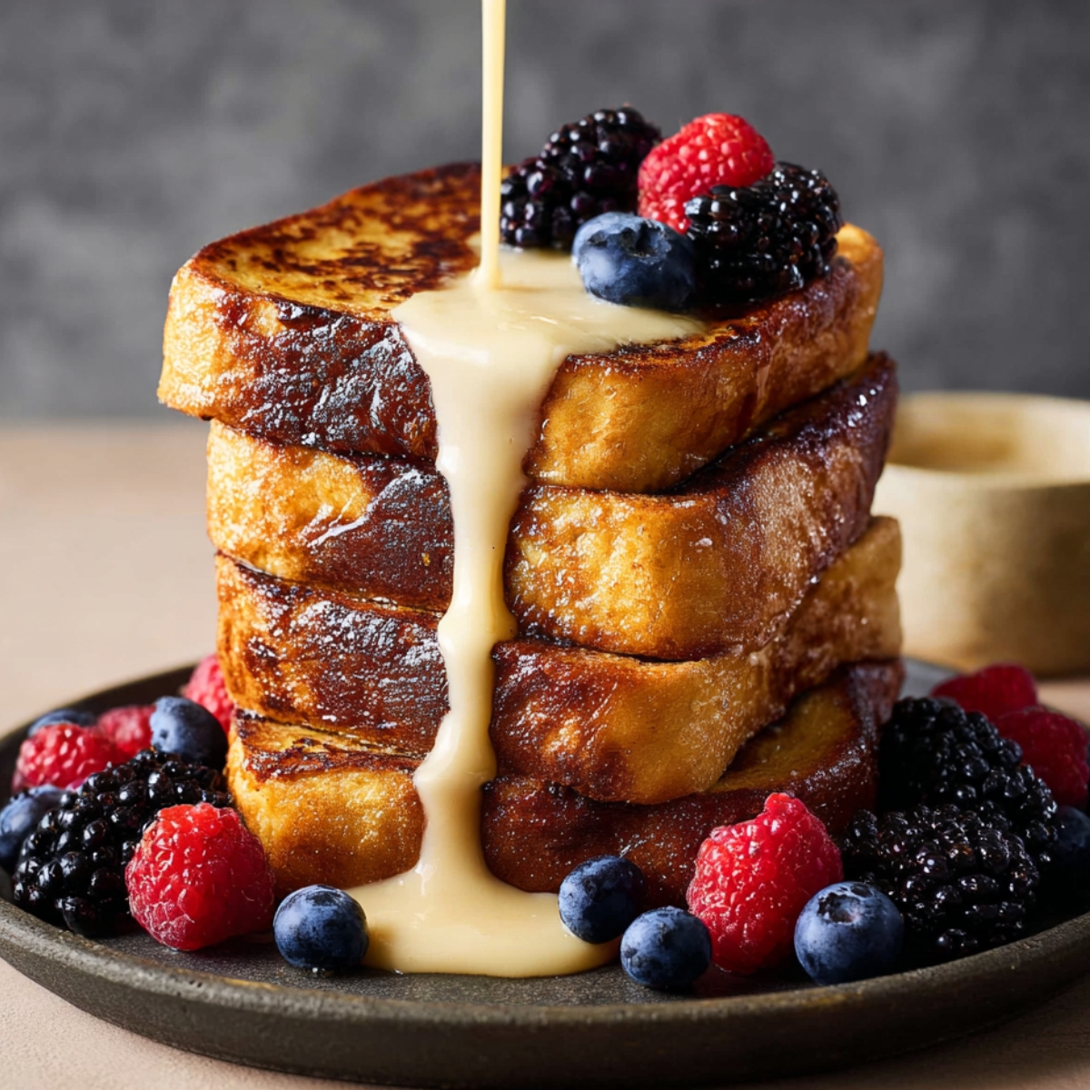 Crème Brûlée French Toast Stack of thick brioche French toast topped with fresh berries as warm vanilla custard sauce is poured over the top.