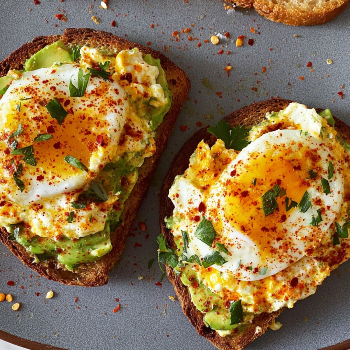 Avocado toast topped with perfectly poached eggs, seasoned with a sprinkle of chili flakes and fresh herbs. The creamy avocado pairs wonderfully with the soft yolk and crunchy toast, making it a perfect breakfast or brunch option.