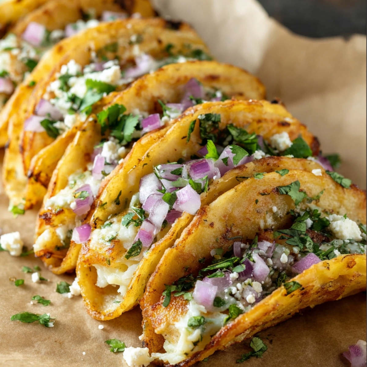 Crispy Potato Tacos Close-up of crispy potato tacos filled with mashed potatoes and topped with red onion, cilantro, and crumbled cheese, arranged on parchment paper.