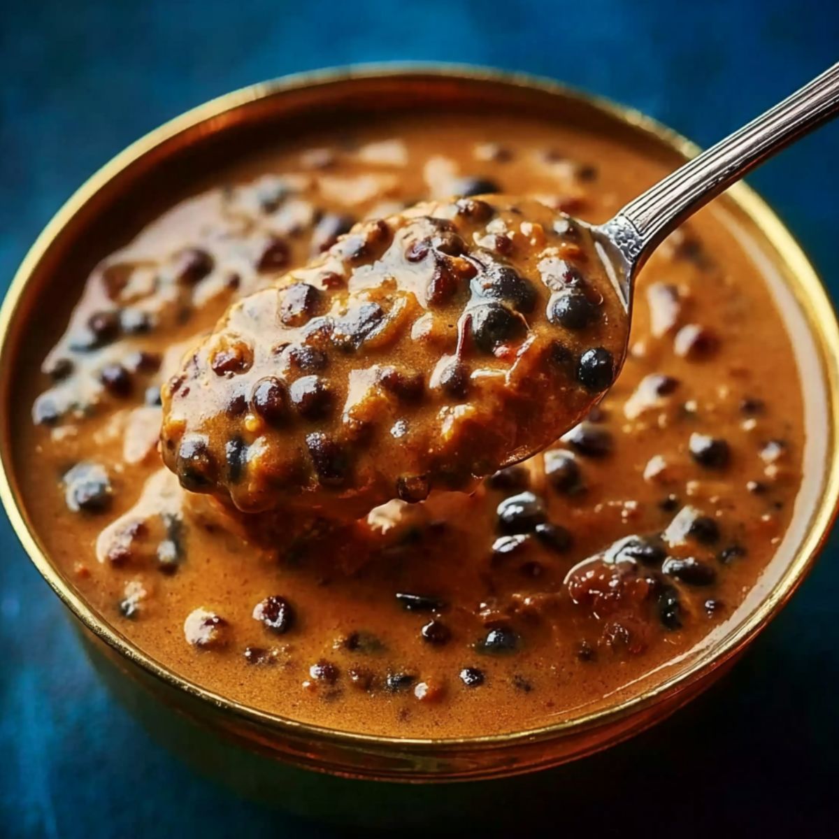Dal makhani Creamy dal makhani served in a bowl with a spoon lifting a rich, velvety portion, showcasing traditional Indian lentil curry.