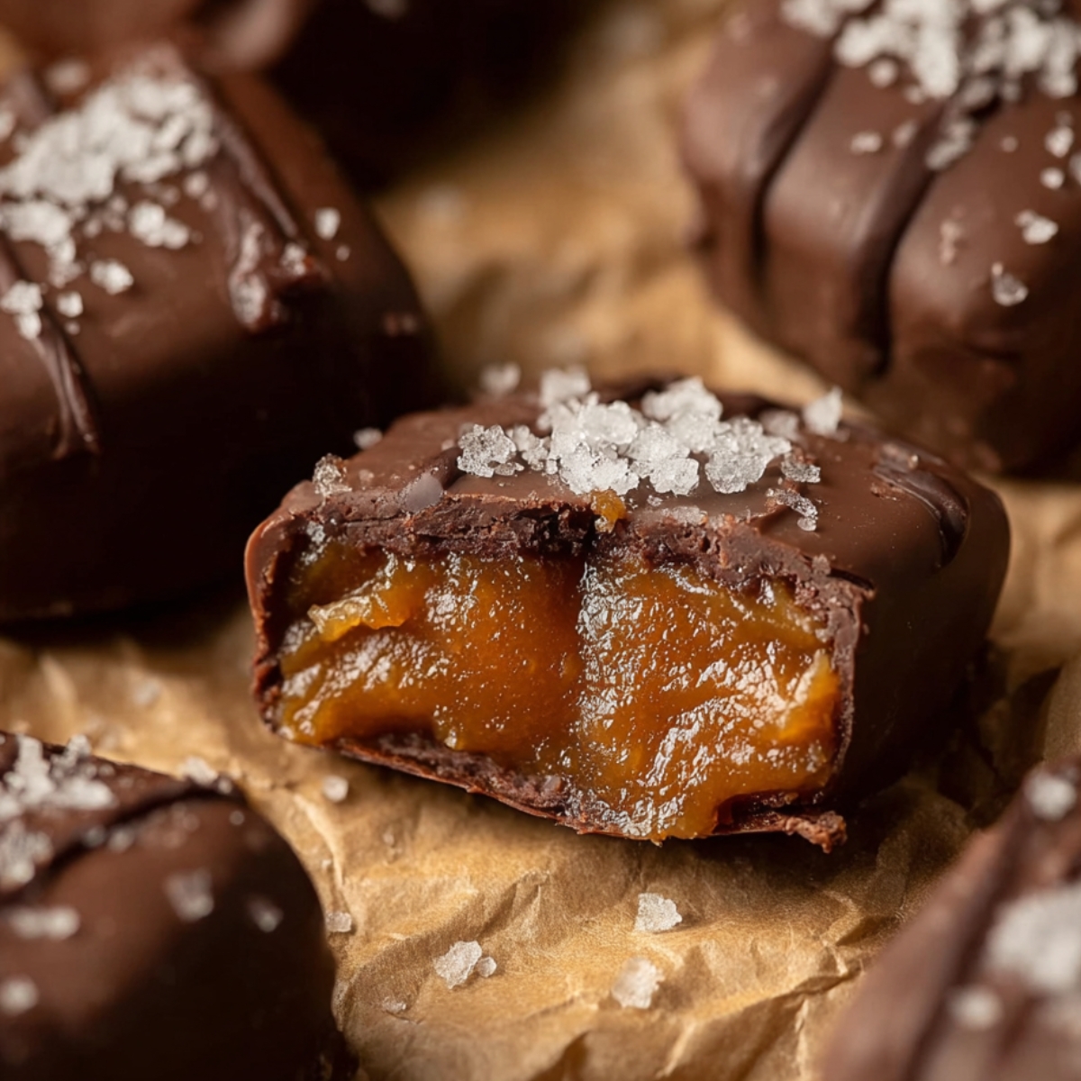 Date Caramels Close-up of a chocolate-covered date caramel bitten in half, showing a soft, gooey caramel center and topped with flaky sea salt on parchment paper.