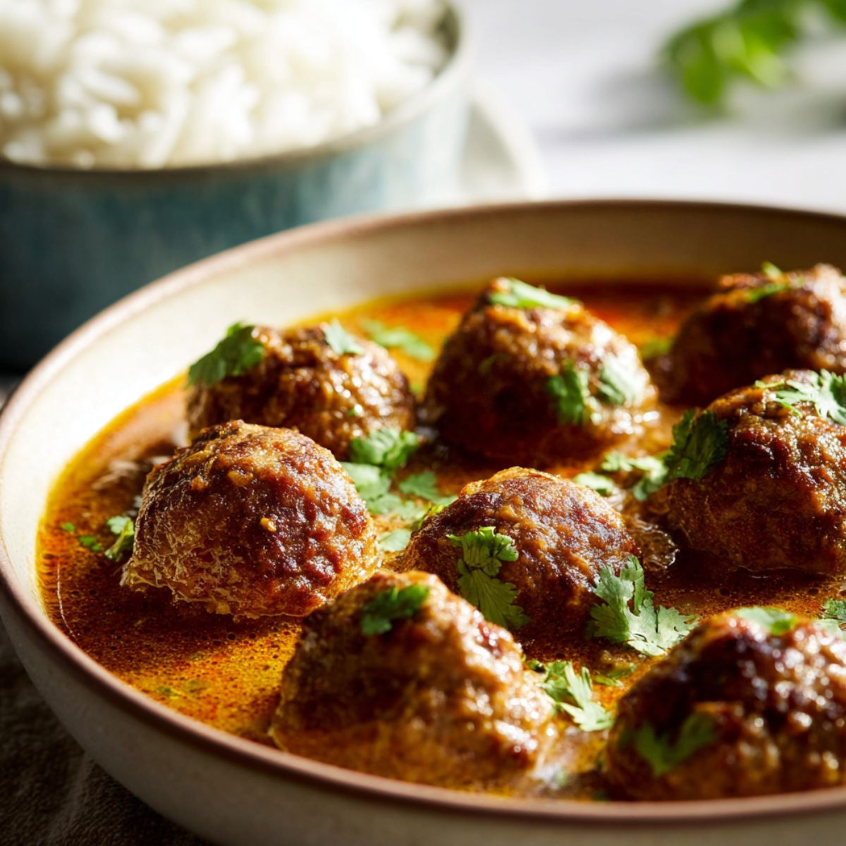 Easy Kofta Curry Spiced meatballs simmered in a rich curry sauce, garnished with fresh cilantro and served with white rice in the background.