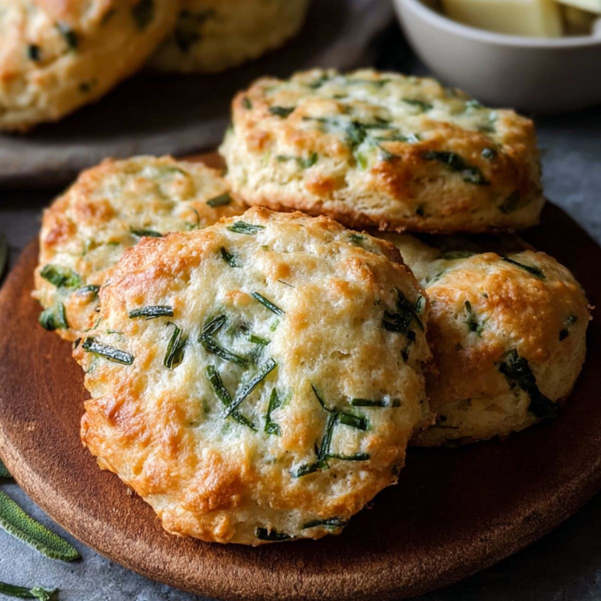 Easy Spinach Cottage Cheese Flagels "Golden, buttery savory scones filled with fresh herbs, including rosemary and sage, served on a wooden plate with a side of butter.