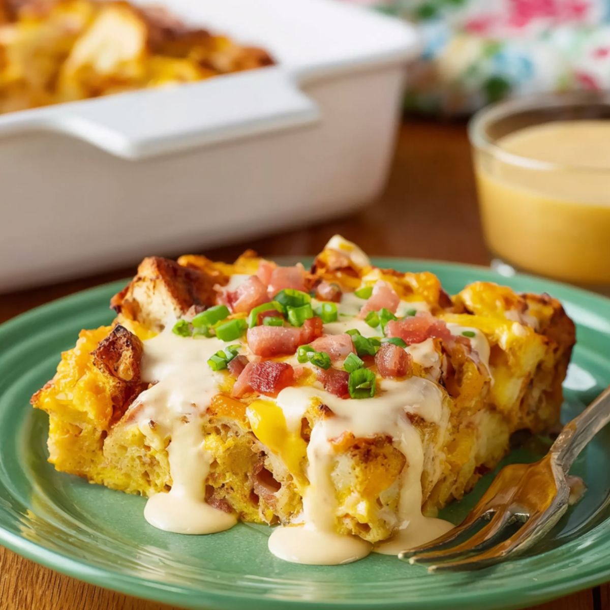 Eggs Benedict Casserole A serving of the finished casserole plated on a green dish, topped with a creamy sauce, bacon, and green onions, served alongside the baking dish and sauce.