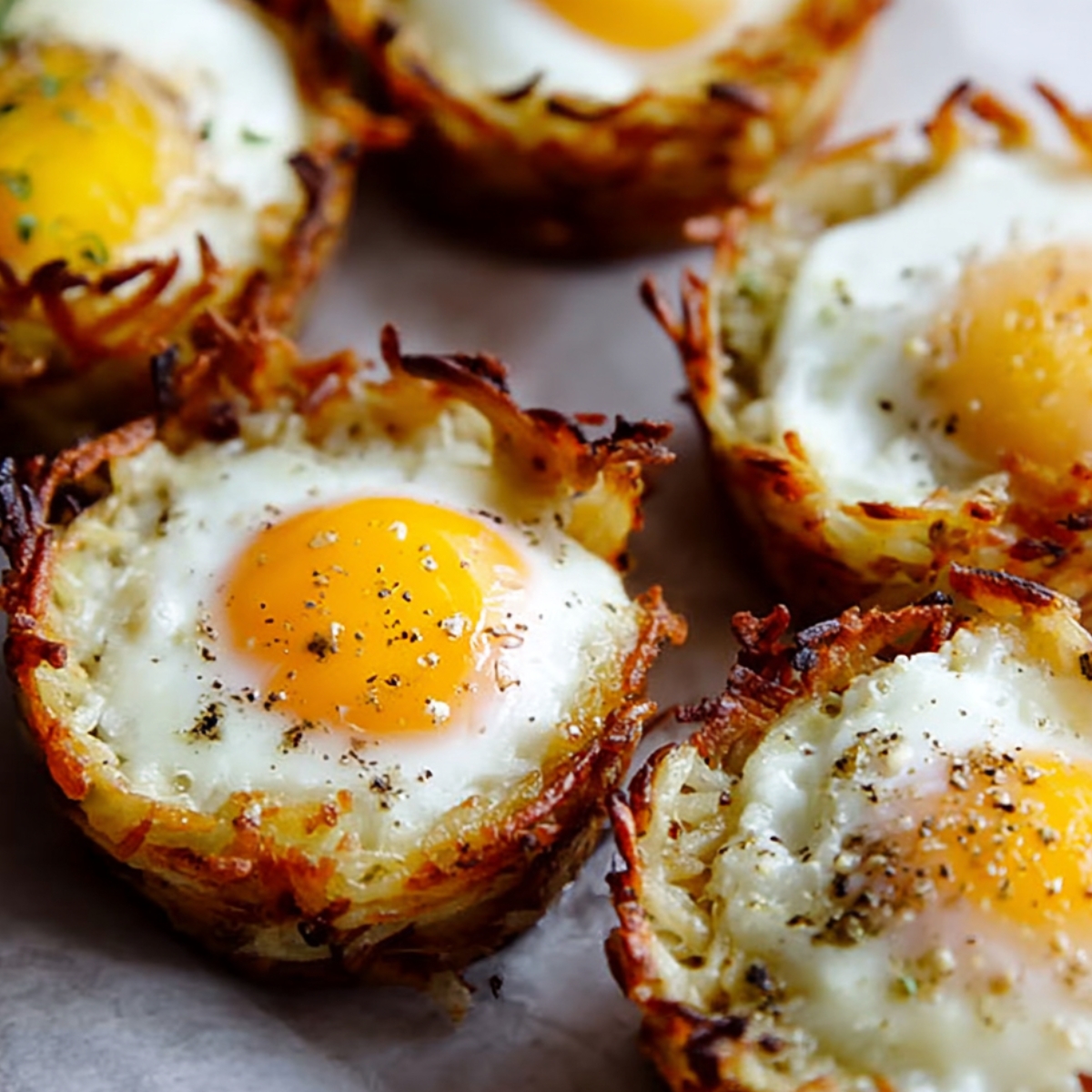 Eggs in Hash Brown Nests Crispy hash brown nests filled with eggs, seasoned with black pepper, ready to be baked into perfect breakfast cups