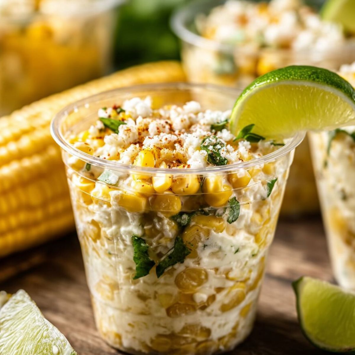 Esquites Mexican street corn cups filled with creamy esquites, topped with crumbled cheese, herbs, chili seasoning, and fresh lime wedges on a wooden surface.