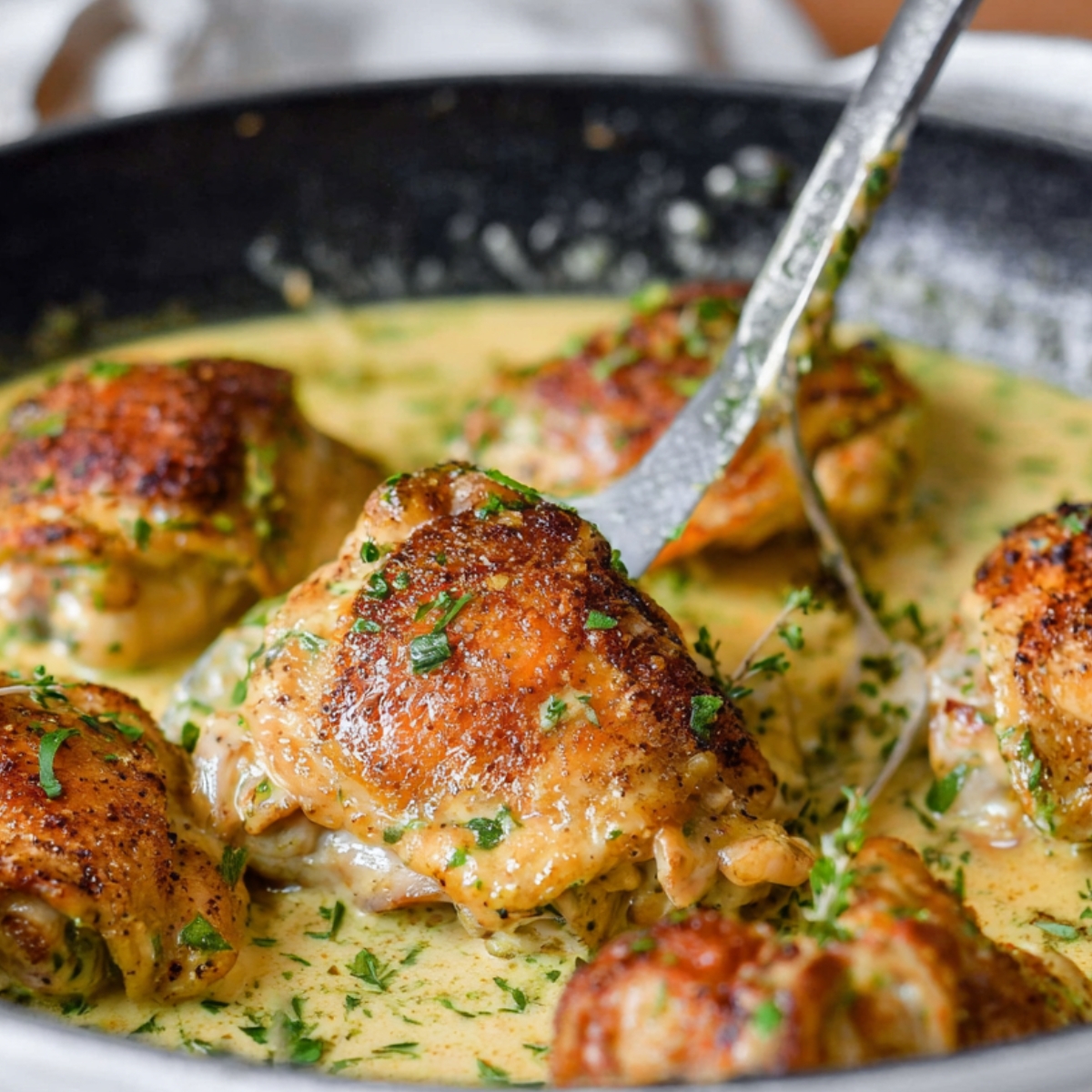 French Mustard Chicken Close-up of crispy, golden-brown chicken thighs in a creamy mustard sauce, garnished with fresh thyme in a skillet