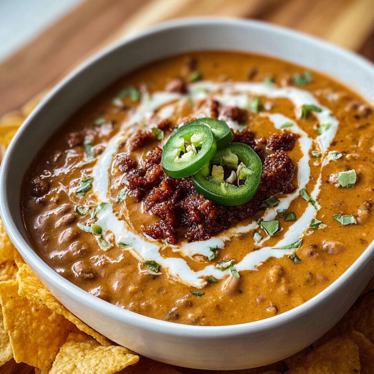 Frijoles Puercos A bowl of creamy frijoles puercos, topped with crumbled queso fresco and a sliced jalapeño for a hint of spice. The smooth, hearty beans are paired with crispy tortilla chips, perfect for dipping. This is a delicious, comforting dish full of flavor.