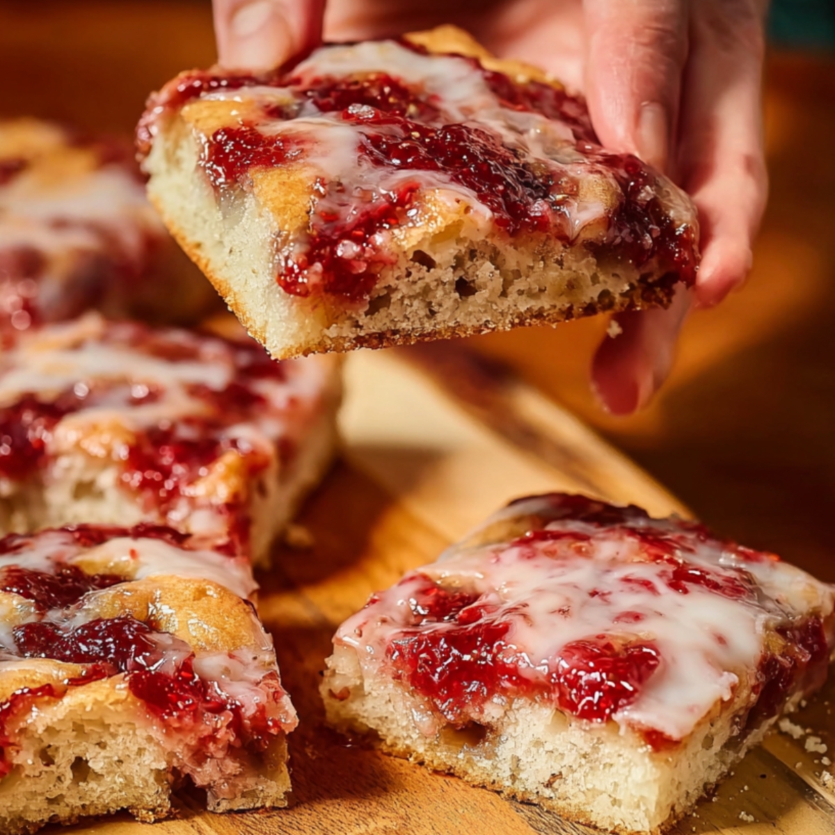 Glazed Strawberry Jam Donut Focaccia Hands lifting a square of glazed strawberry jam focaccia, showing the soft airy crumb and jam-filled center on a wooden cutting board.