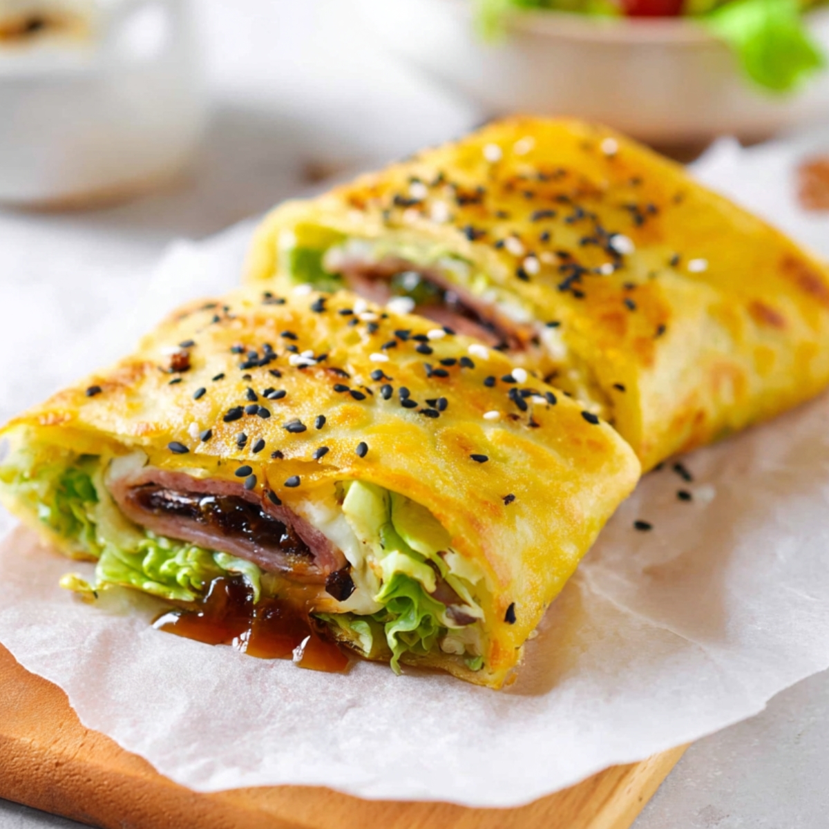 Jianbing Chinese jianbing breakfast crepe wrapped and sliced open, filled with lettuce, sausage, crispy layers, and dark hoisin sauce, topped with black sesame seeds on parchment paper.