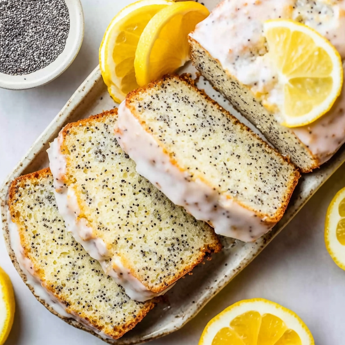 Lemon Poppy Seed Bread Sliced lemon poppy seed bread topped with lemon glaze, arranged on a ceramic tray with fresh lemon slices and poppy seeds.