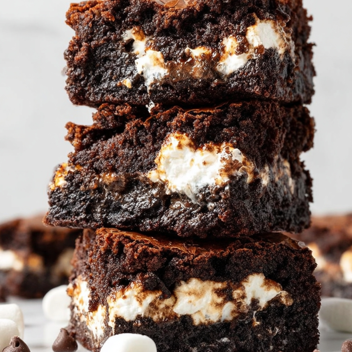 Marshmallow Swirl Brownies Stack of fudgy chocolate brownies with gooey marshmallow filling, rich chocolate texture, and scattered marshmallows and chocolate chips.