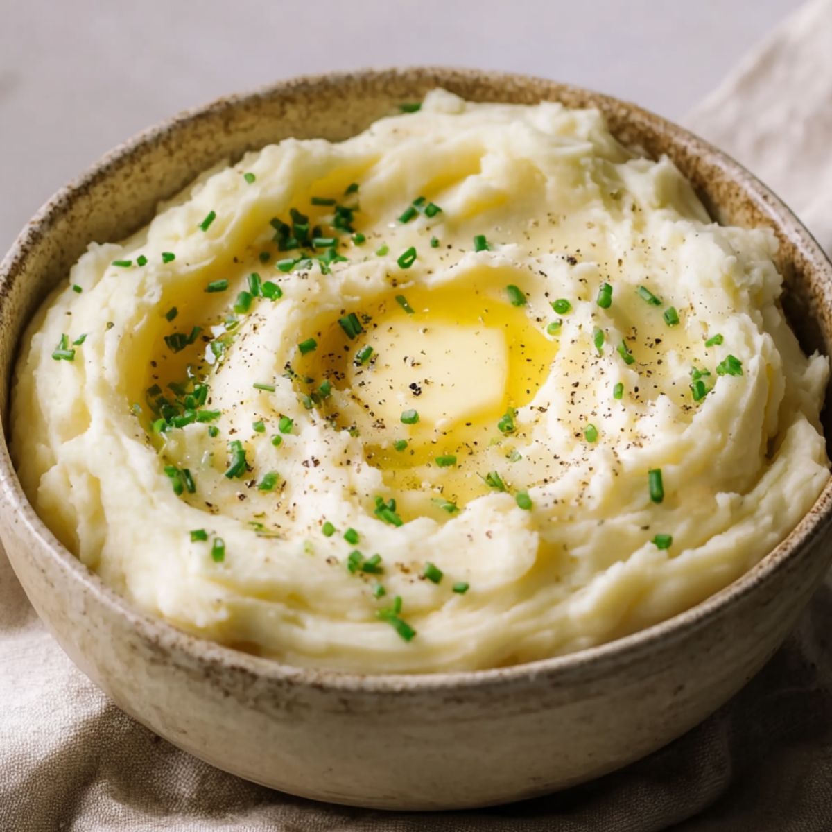 Mashed Potatoes Indulge in a bowl of creamy mashed potatoes, topped with a rich pat of butter that gently melts into the smooth, fluffy texture. Lightly seasoned with black pepper and finished with a sprinkle of fresh green onions, this comforting dish is the perfect side to any meal.