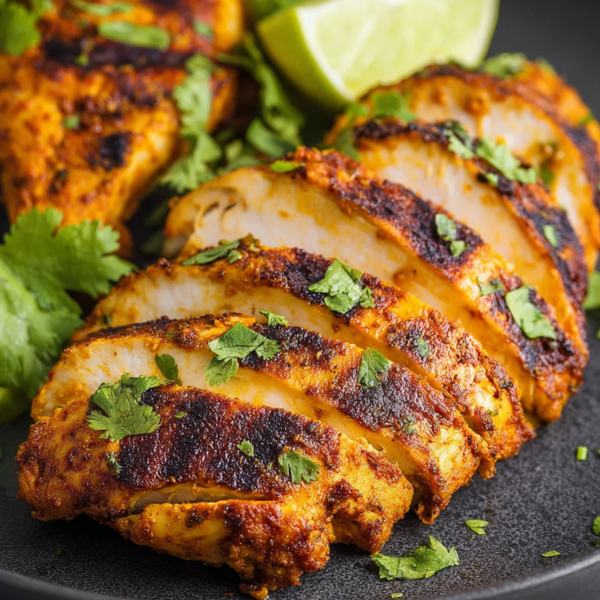 Mexican Chicken Marinade Sliced Mexican grilled chicken breast showing juicy interior, charred edges, fresh cilantro, and lime wedges on a dark plate.