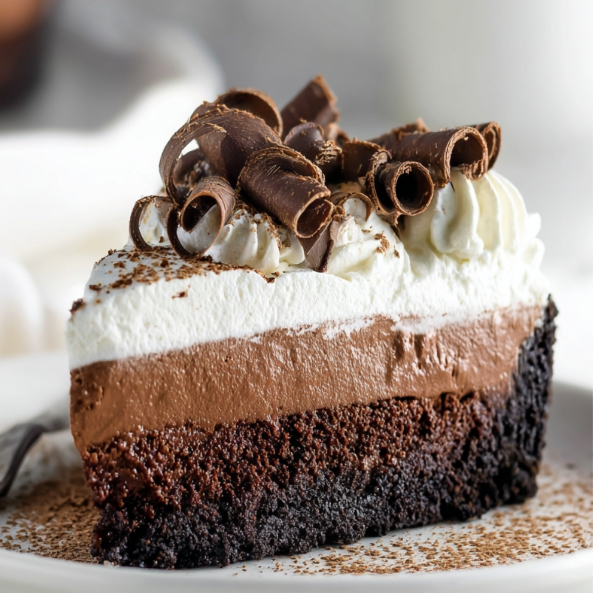 Mississippi Mud Pie Slice of Mississippi mud pie with layers of fudgy brownie, chocolate mousse, and whipped cream, topped with chocolate curls on a white plate.