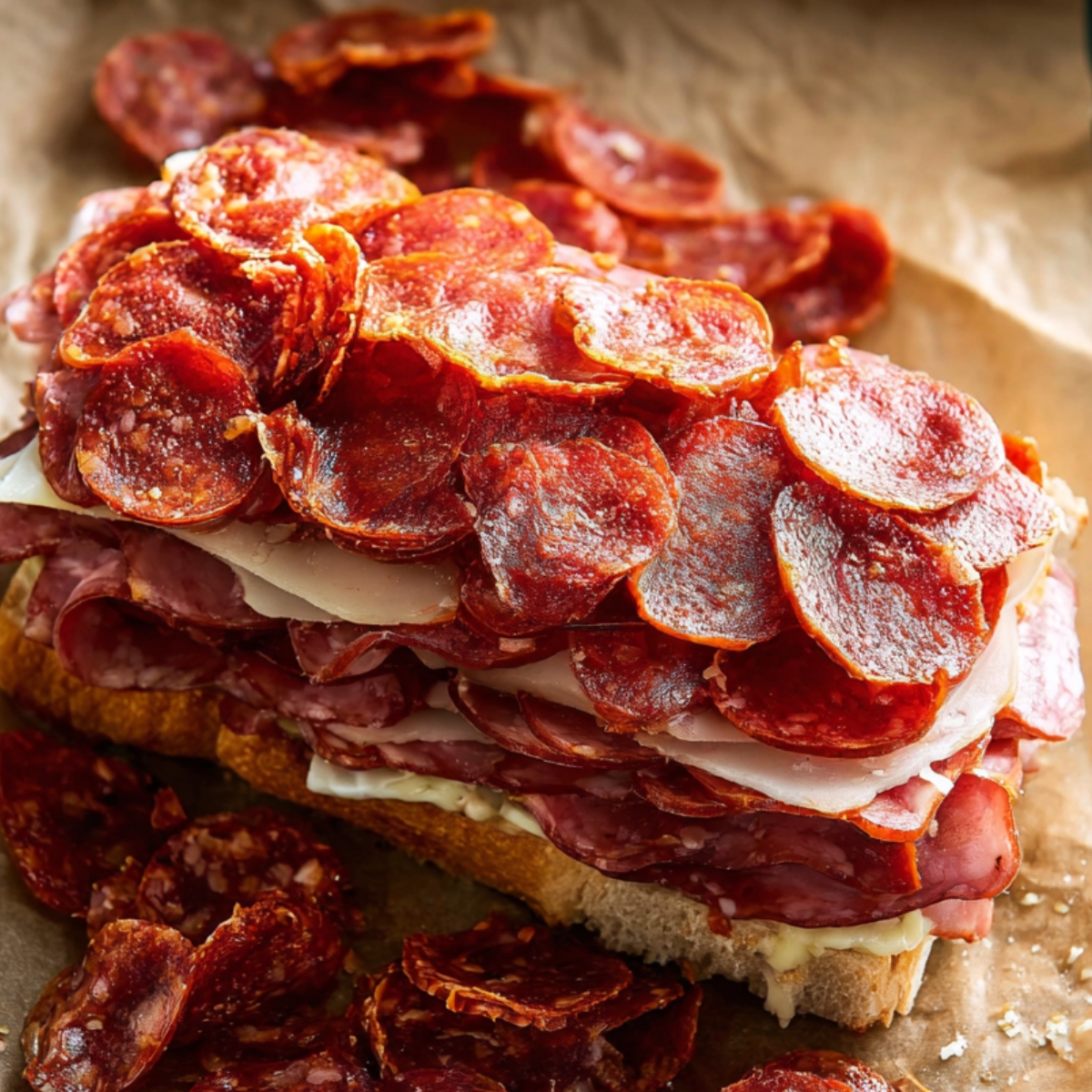 A hearty Italian sandwich piled high with layers of savory deli meats, including salami and prosciutto, topped generously with crispy, golden pepperoni slices. The sandwich is served on rustic bread, creating a satisfying, crunchy texture. The pepperoni is spread evenly, making it the star of this indulgent sandwich.